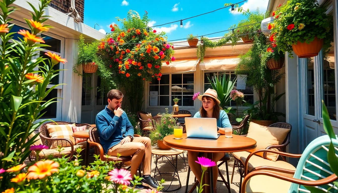 Engaging scene from a UK Lifestyle Blog featuring a person at a cafe enjoying work outdoors.