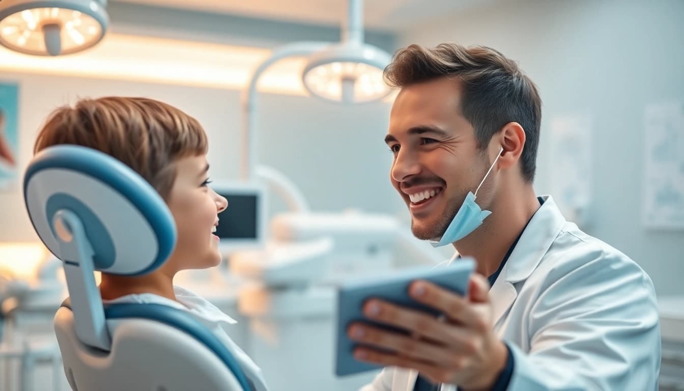 Find an experienced orthodontist near me helping a young patient in a bright clinic.
