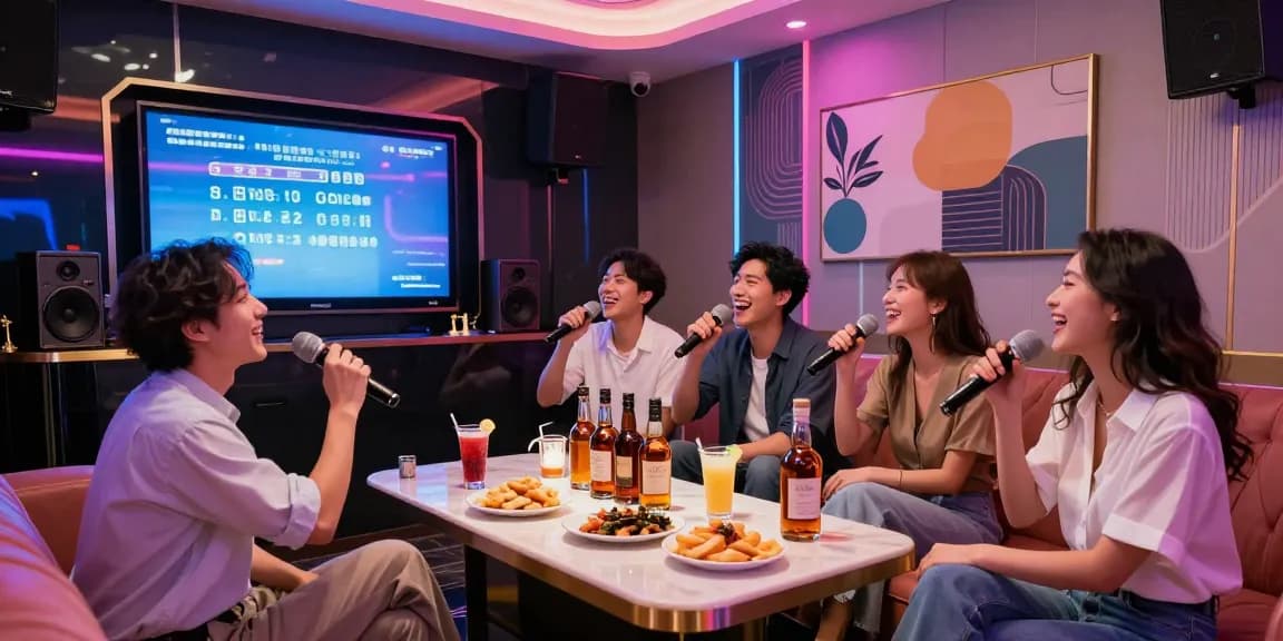 강남 가라오케에서 즐겁게 노래하는 고객과 고급 음료 및 안주가 있는 화려한 룸