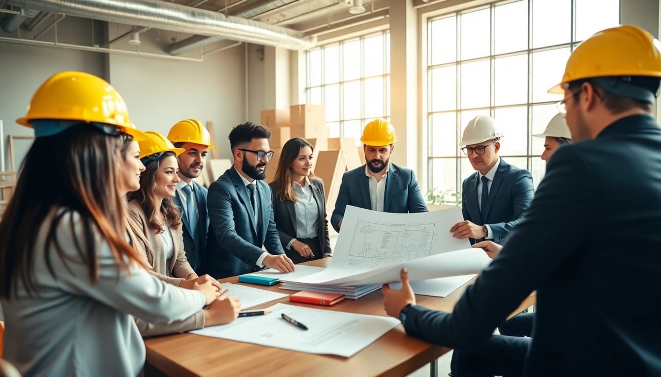 Professionals collaborating in a construction network association meeting.