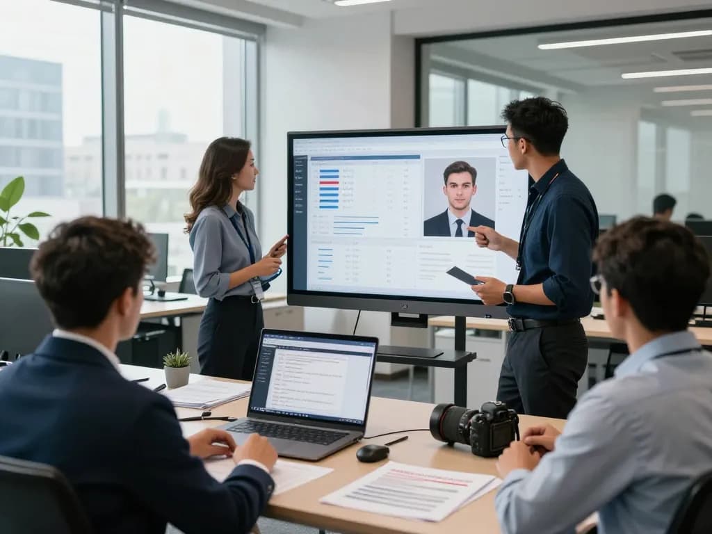 AI Voice Fraud In Banking experts analyzing data and trends in a modern office setting