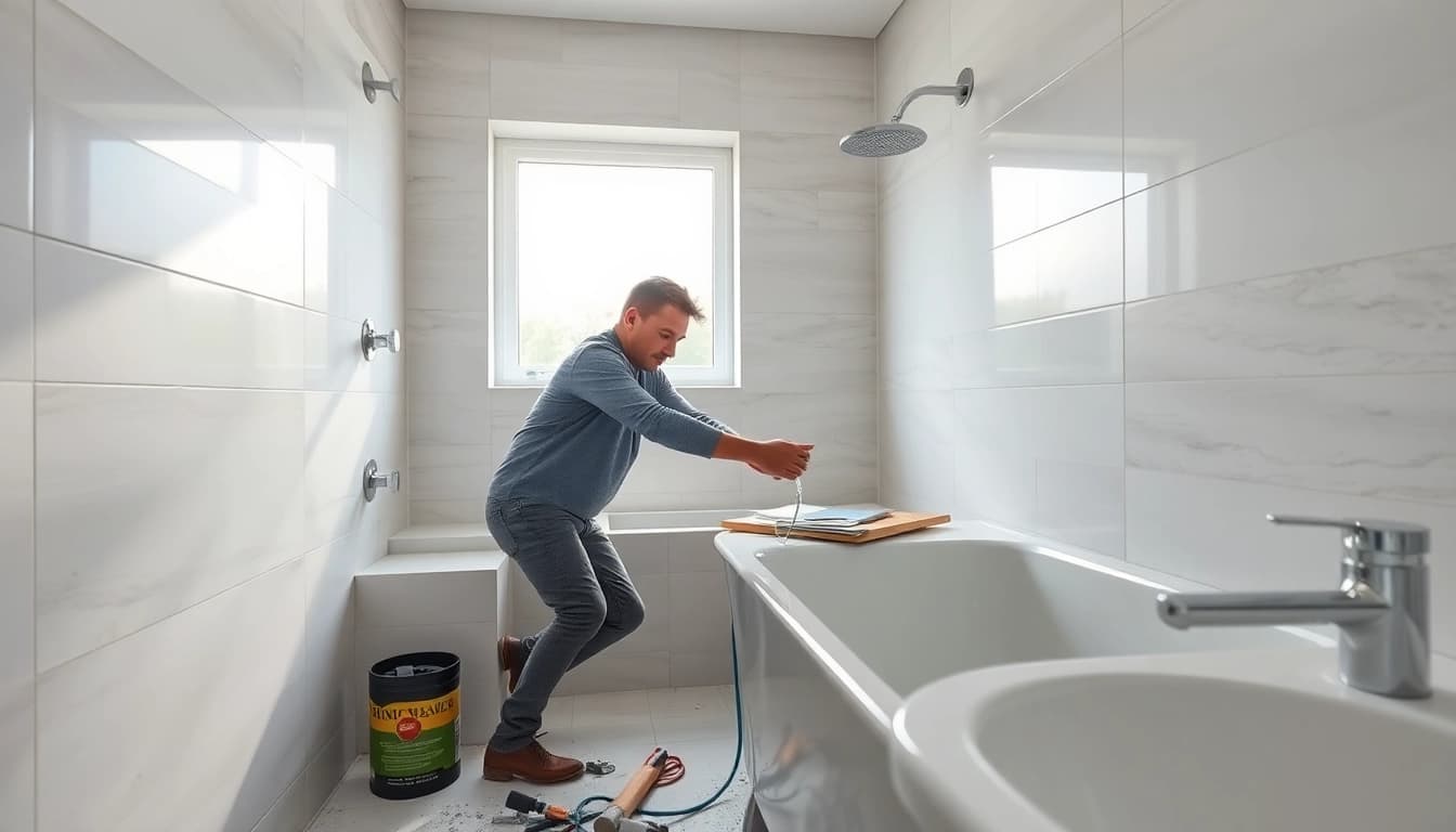 Bathroom installer expertly fitting a new bathtub with modern fixtures and tools.