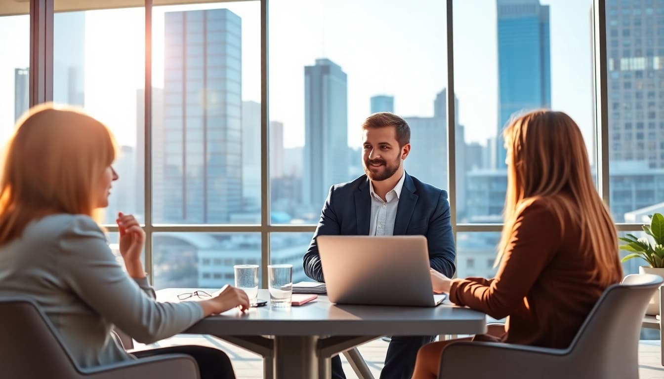 Business coach San Francisco engaging with clients in a modern office setting.