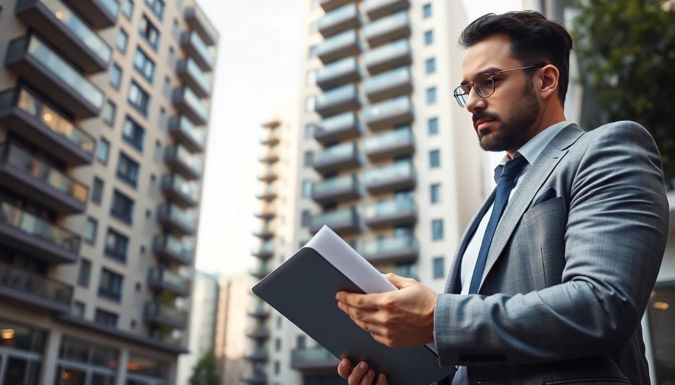 Bewertung von Immobilien auf https://frankfurt-immobilie-bewerten.de: Ein professioneller Agent analysiert eine moderne Wohnung.
