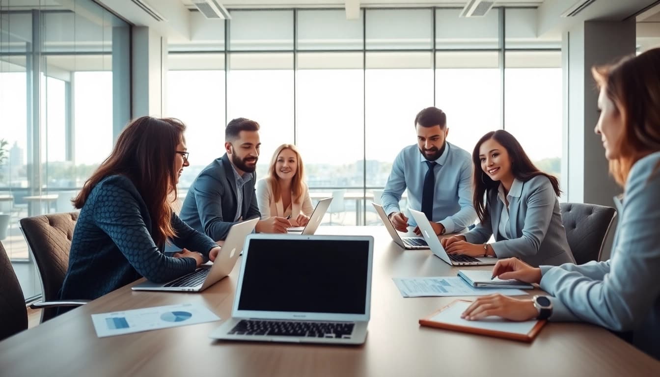 Business team collaborating in a professional office environment showcasing teamwork and engagement.