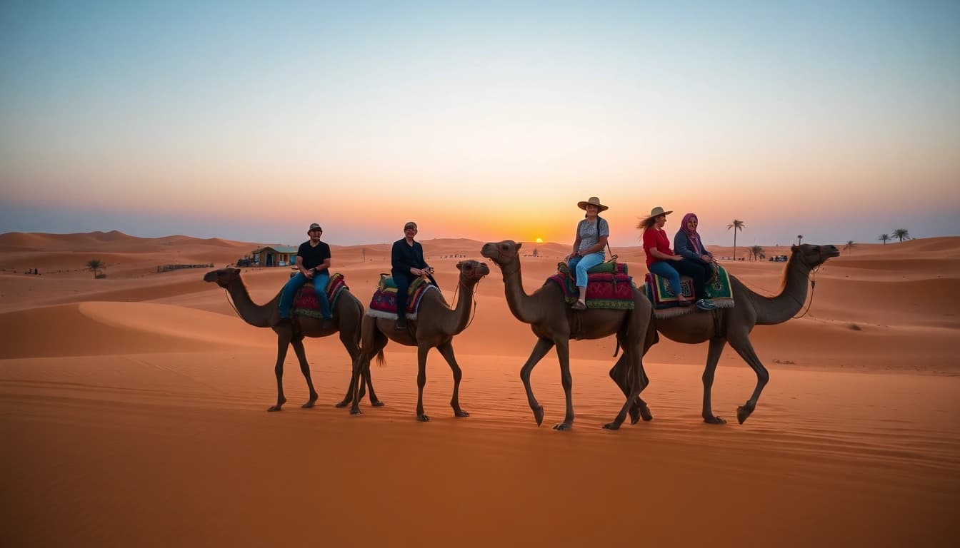 Agafay Desert camel ride at sunset, showcasing travelers enjoying the serene landscape and vibrant colors.