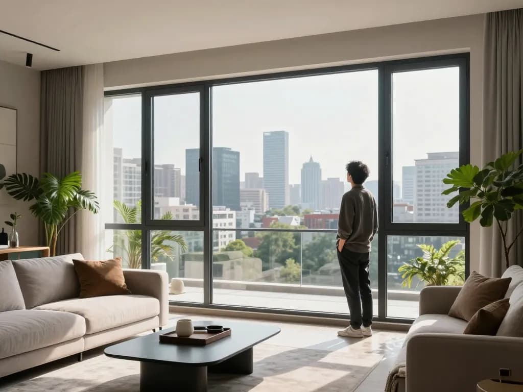 Stilvolles Wohnzimmer mit Fenster Schüco, das Stadtansichten durch große Glasflächen zeigt.
