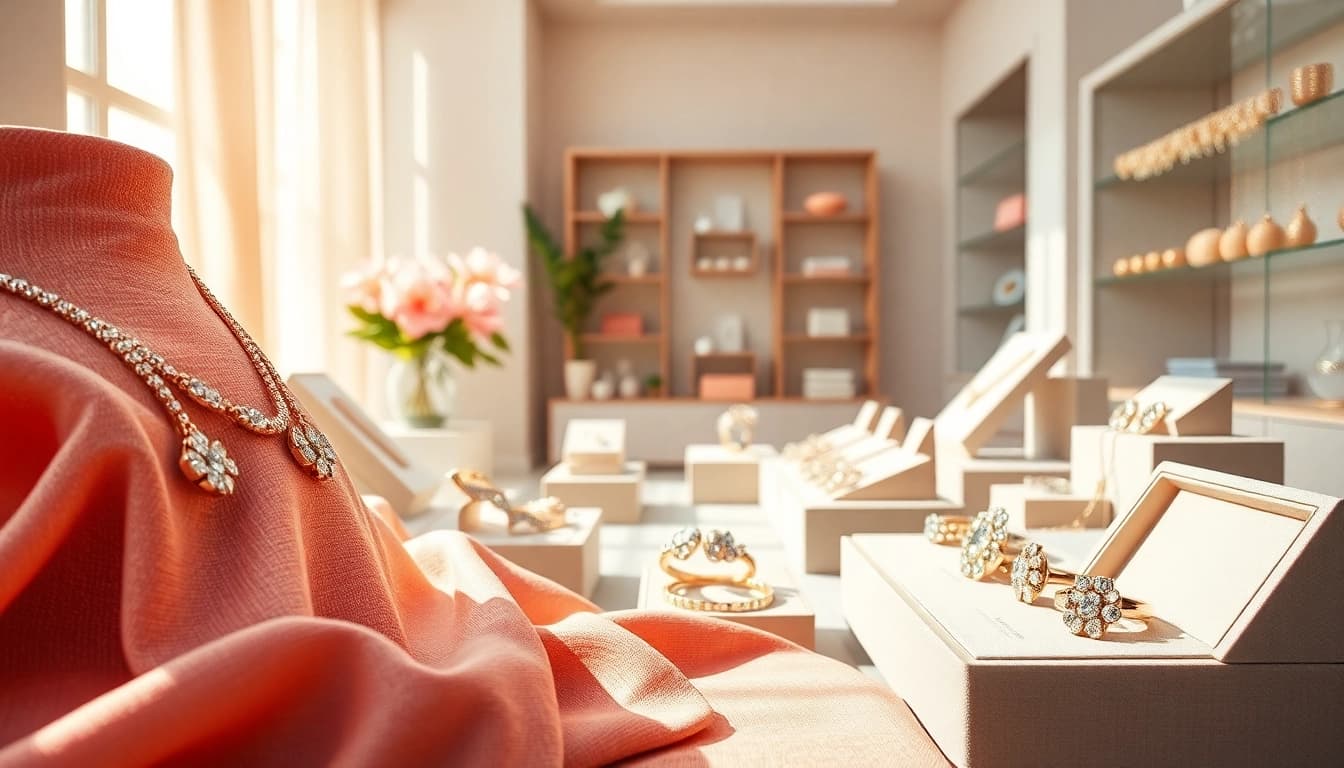Showcasing unique jewelry pieces from https://www.lyliarose.com in a vibrant and inviting online store environment.