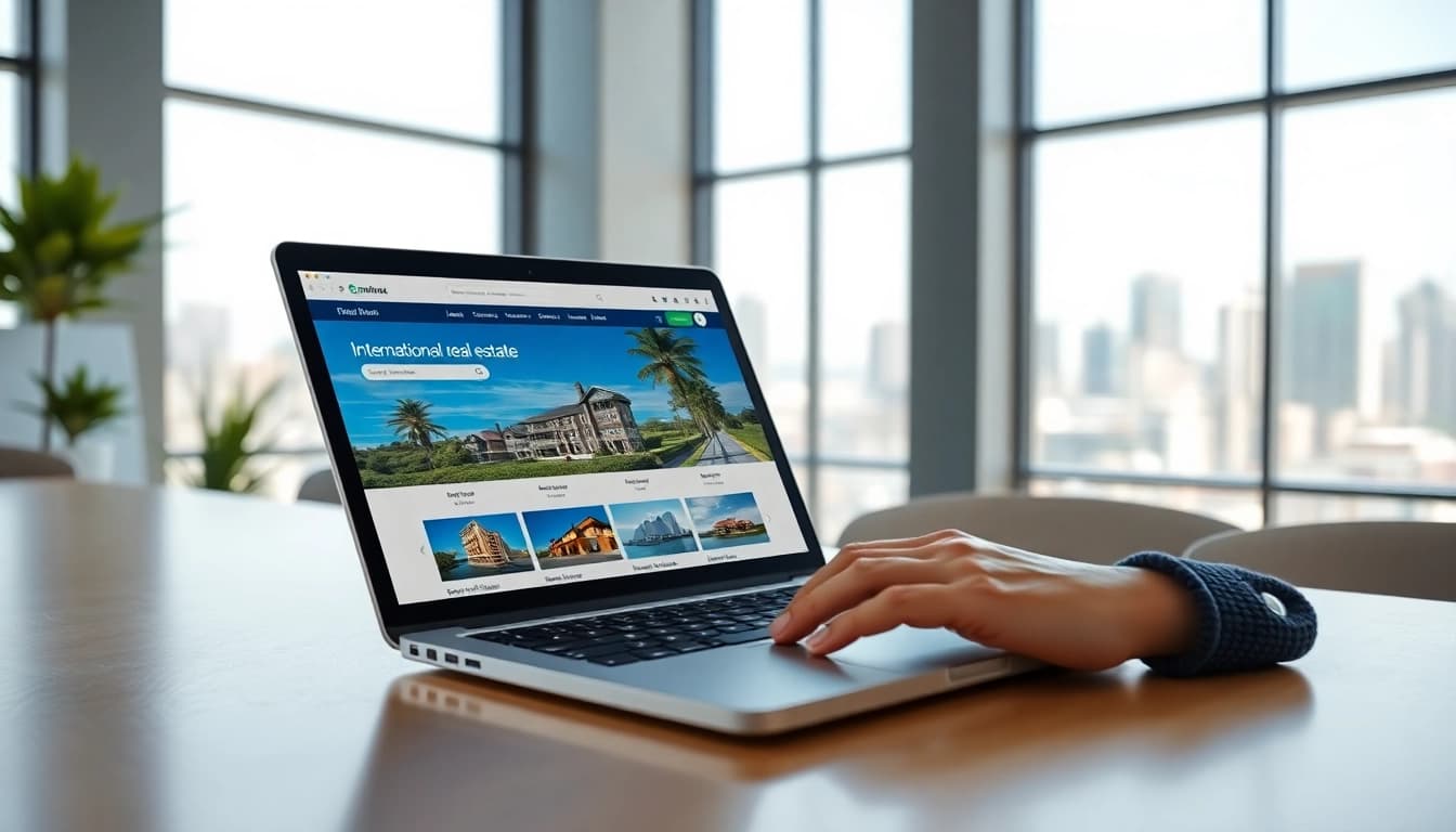 Showcase of international real estate websites on a laptop in a modern office environment.