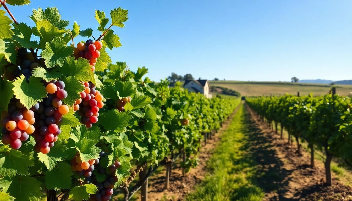 Capture the lush beauty of Carksburg CA vineyards, filled with ripe grapes under bright sunlight.