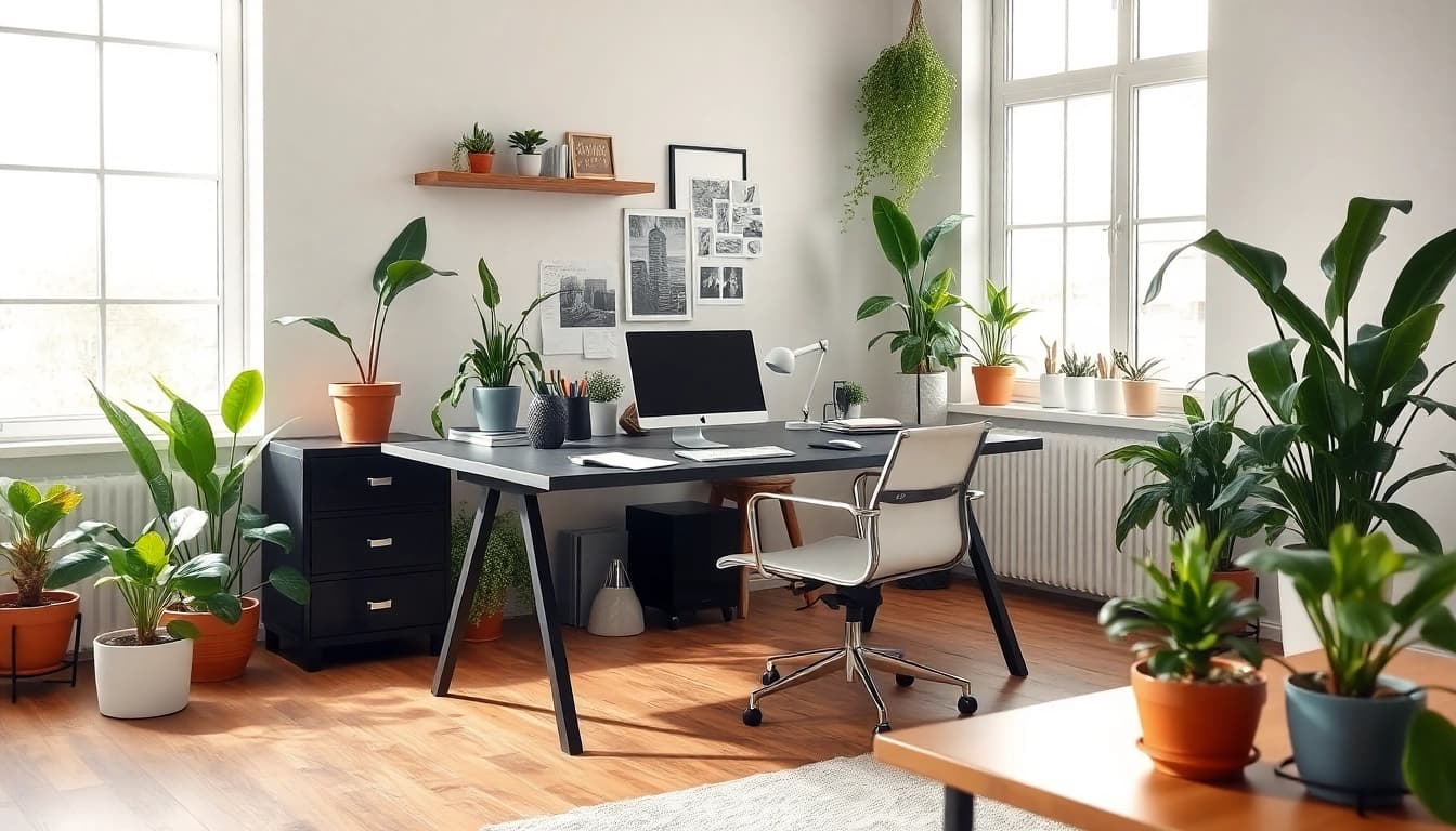 Odkryj inspiracje dotyczące wnętrz na lubiedom.pl, z nowoczesnym biurem i roślinami.