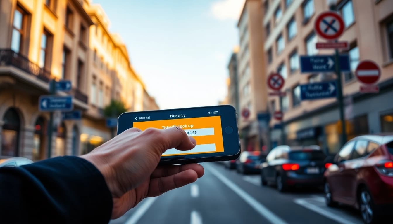 Check traffic fines on https://finecheck.cy with a mobile device showcased in a vibrant urban setting.