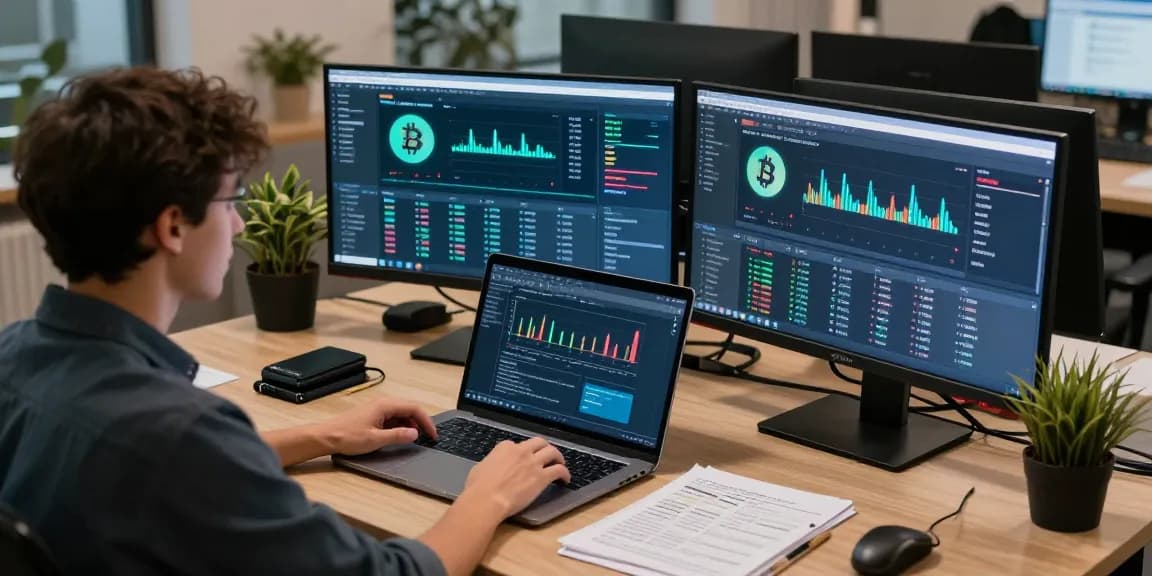 Automated bitcoin mining analysis in a professional crypto workspace with advanced technology interfaces and security measures.