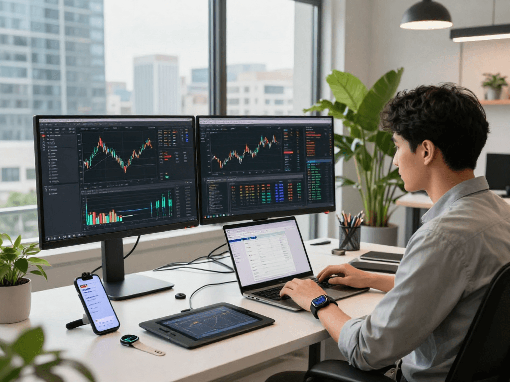 Developer analyzing TWSE stock real-time API data in a modern fintech workspace.