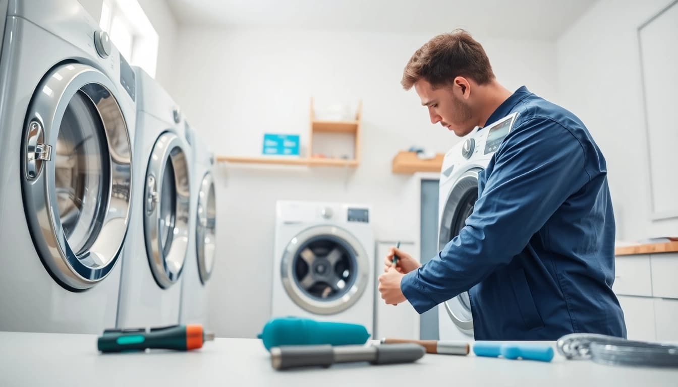 Expert performing washer dryer repair near me in a well-lit laundry room setting.