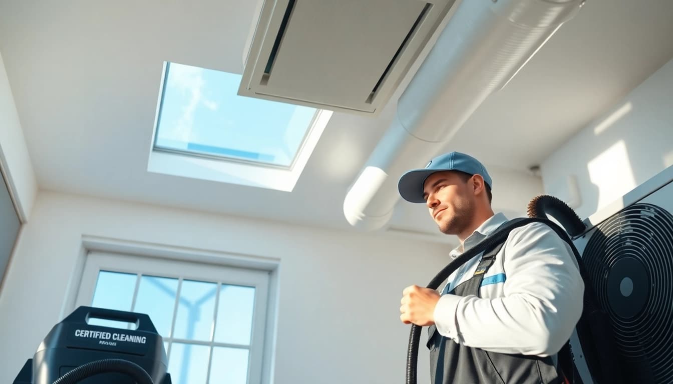 HVAC Cleaning technician using advanced tools in a clean indoor environment.