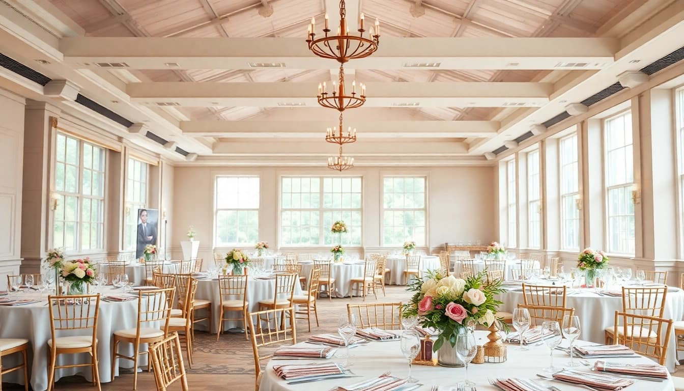 Stowe Venue Hire showcases a beautifully decorated interior setting for events.