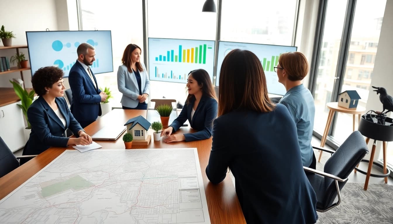 Real Estate professionals engage in collaboration in a modern office environment.