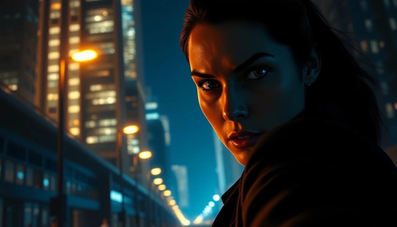 Strong female protagonist in a suspenseful clean thriller urban scene, exuding determination and intrigue.