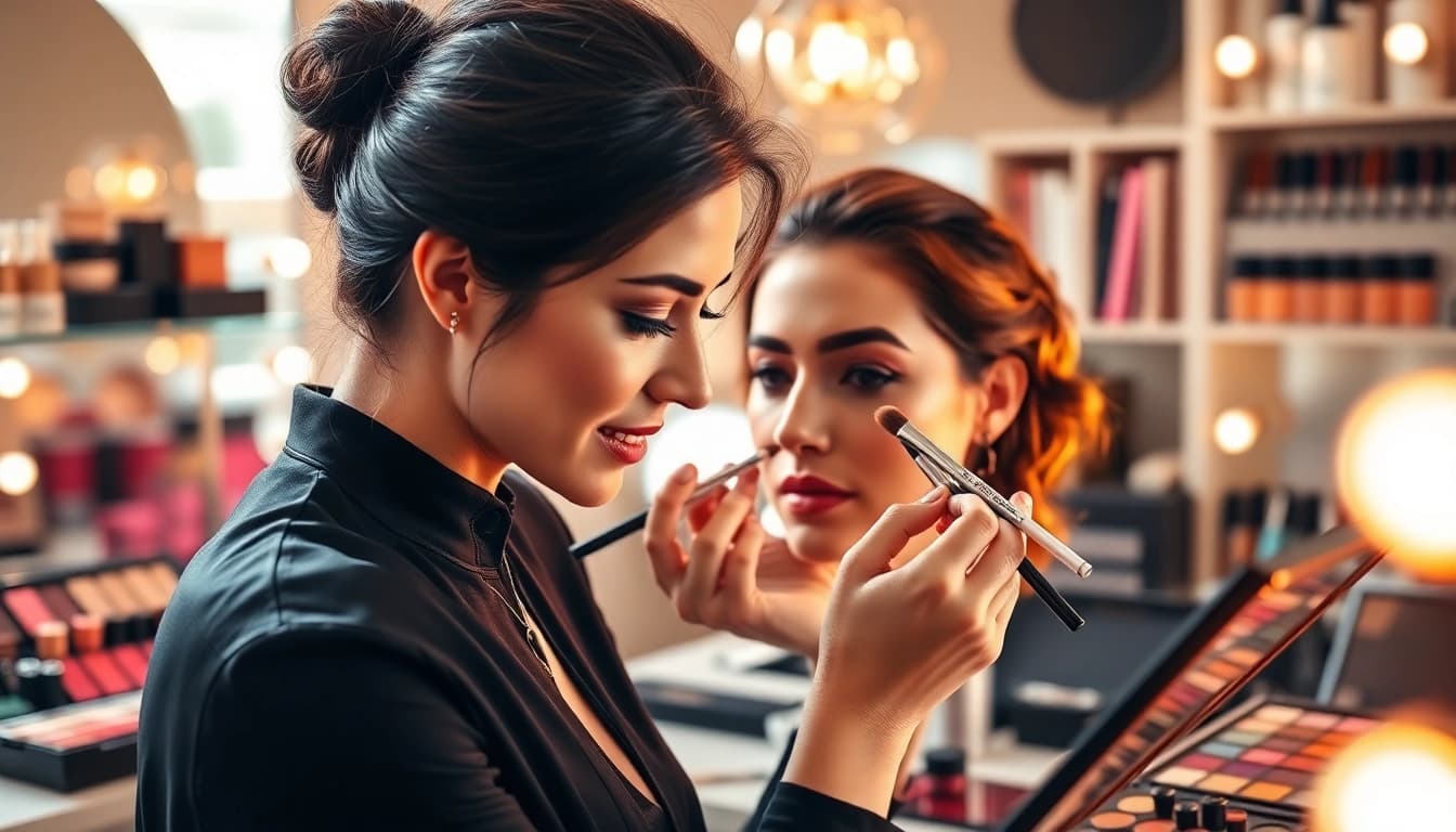 Engaged makeup artist showcasing makeup courses with professional tools in a bright studio.