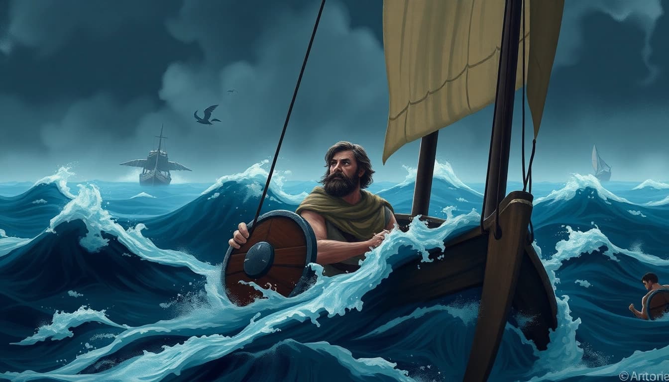 Odyssey meaning origin illustrated by Odysseus on a treacherous voyage in ancient Greece.