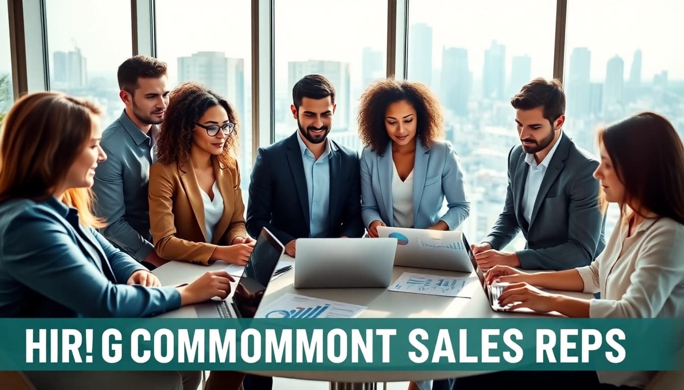 Engagement of a professional team to hire commission sales reps effectively in a modern office.
