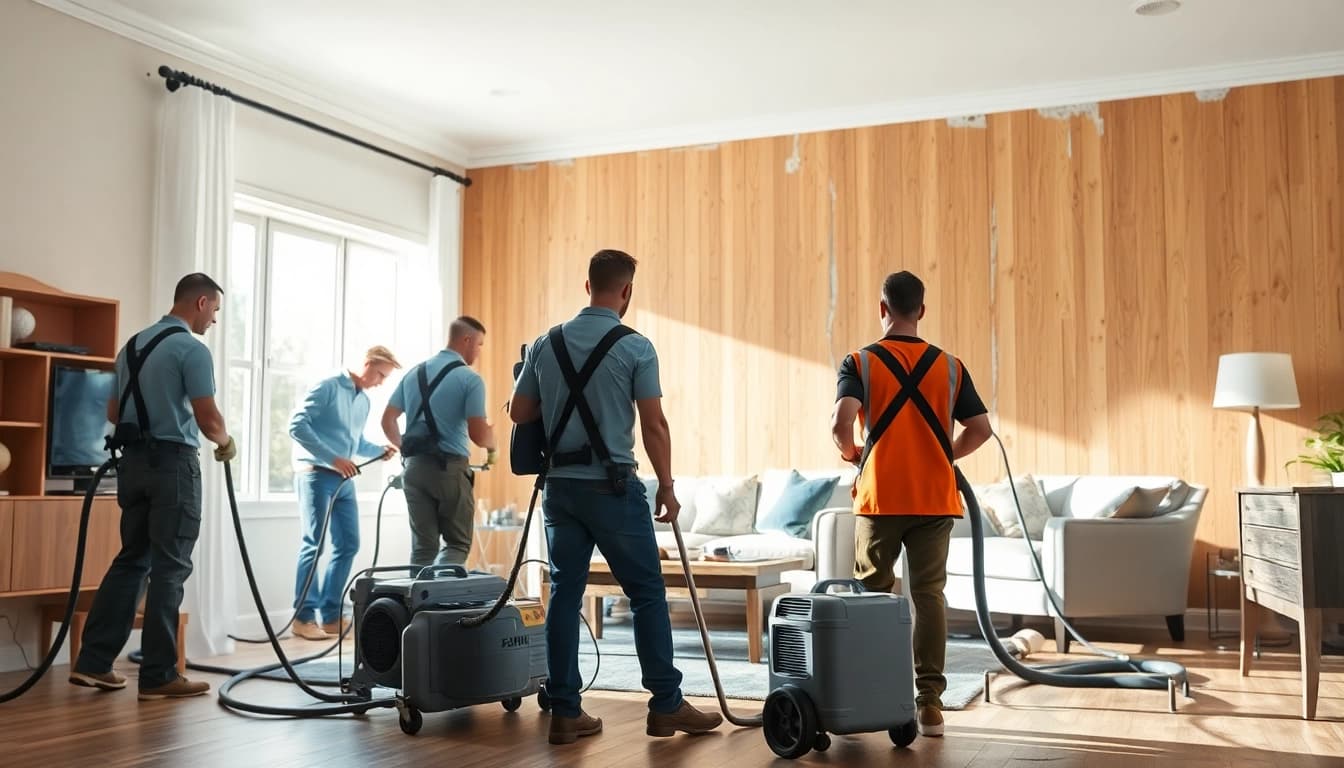 Emergency disaster restoration team revitalizing a water-damaged home, showcasing resilience and recovery.