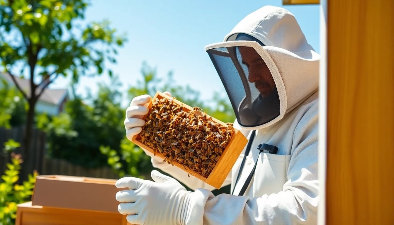 Safe honey bee hive removal conducted by a professional beekeeper in a residential area.