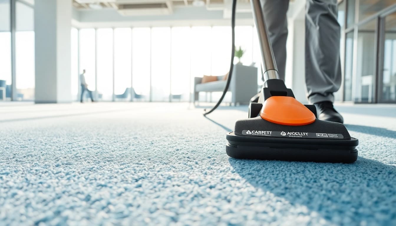 Engaging commercial carpet cleaning scene showcasing a technician revitalizing an office space.
