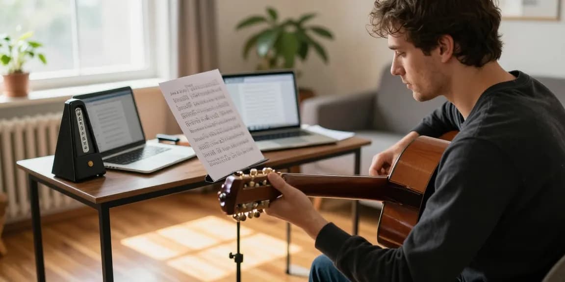 Aspiring guitarist practicing classical guitar lessons online in a cozy home studio.