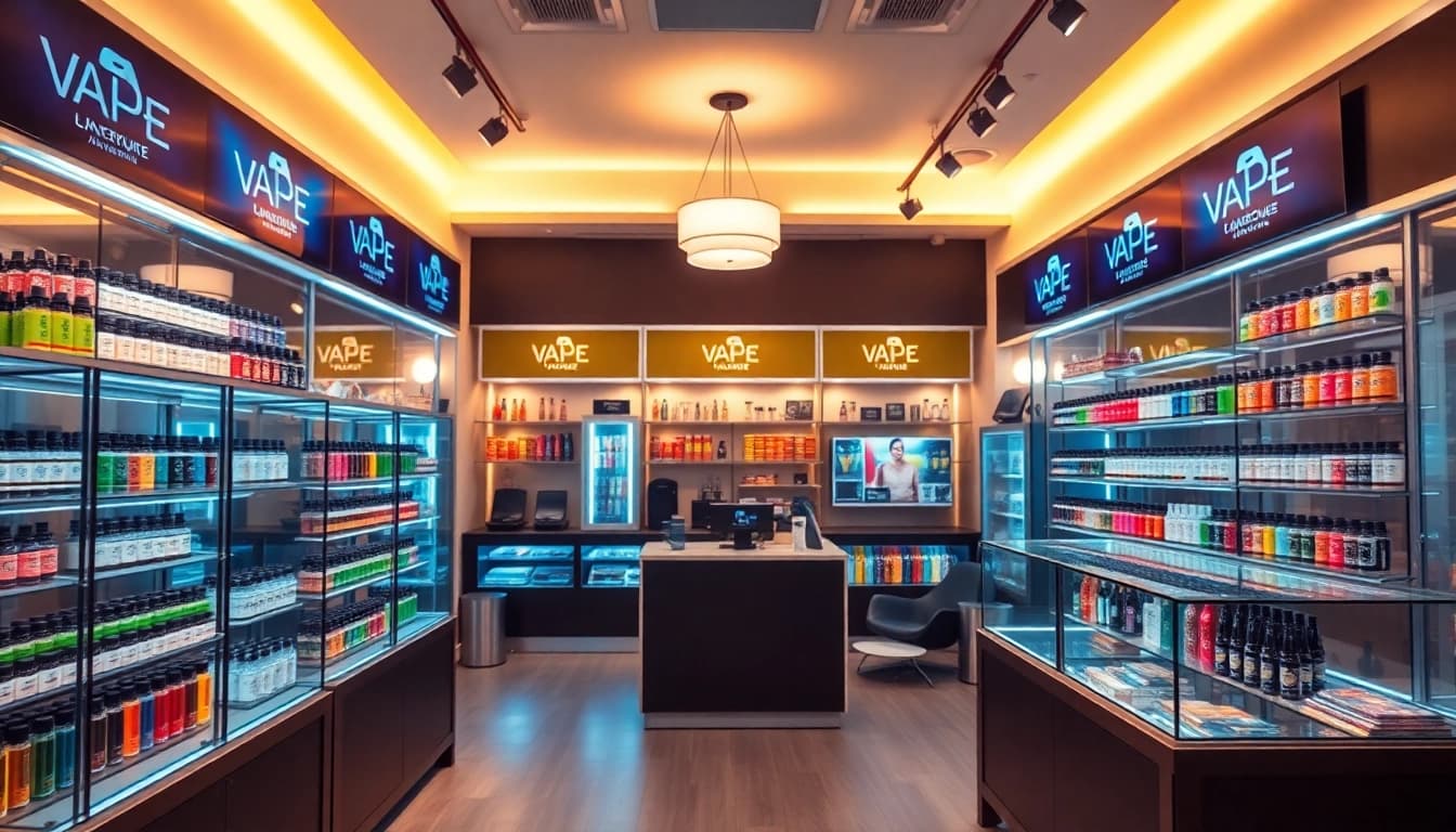 Vap shop mit modernen Vape-Geräten und ansprechenden E-Liquids in stilvollem Ambiente.