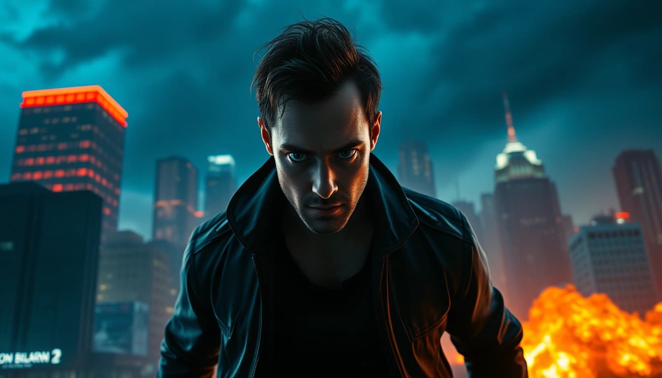 Hero in action thriller scenario showcasing suspense and intensity amidst urban chaos.