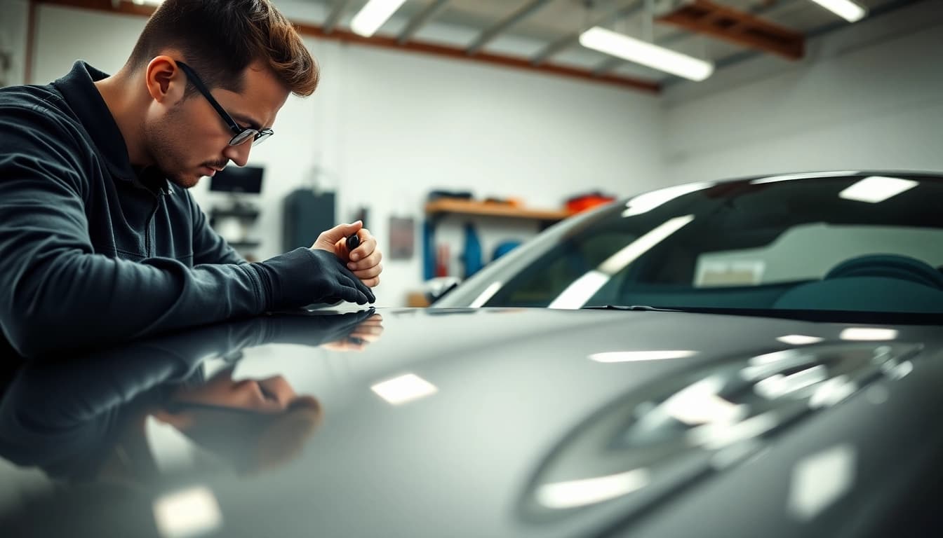 Certified PPF installer expertly applying paint protection film on a luxury sports car.