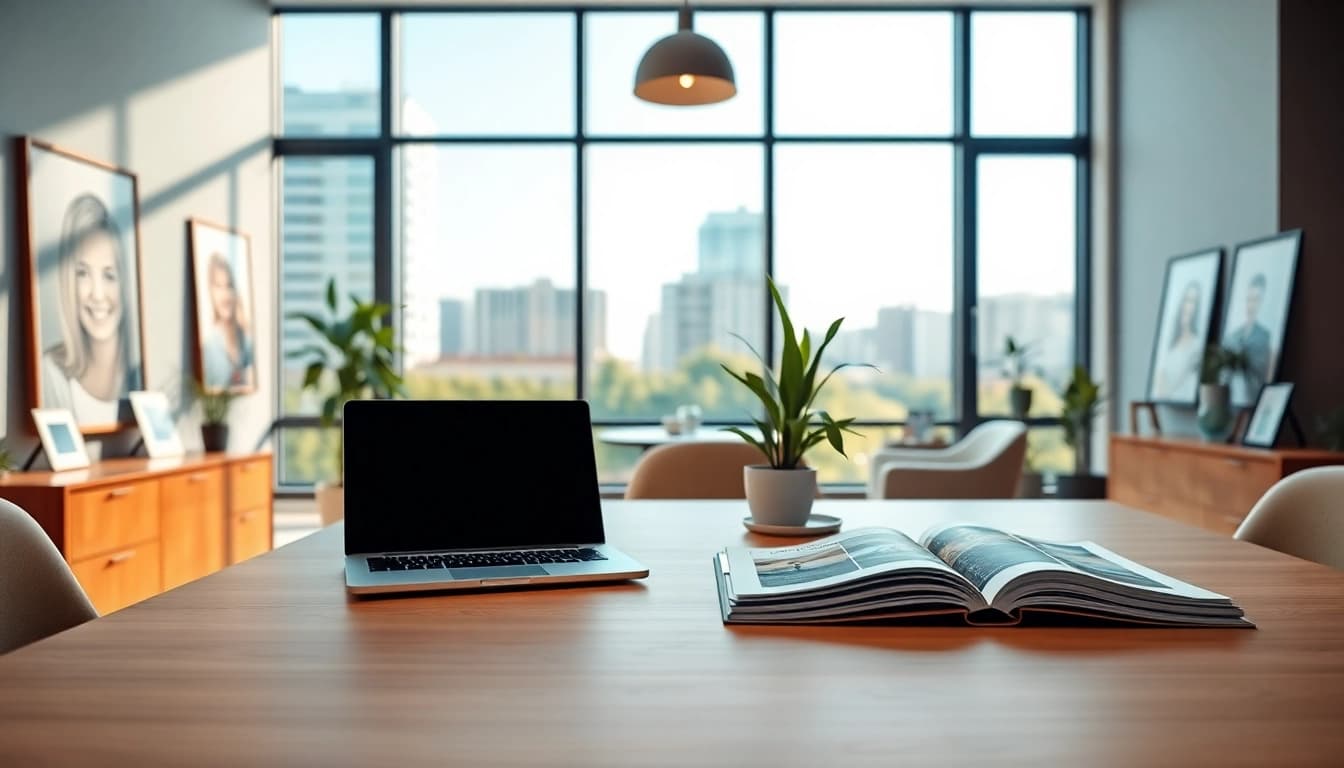 Real Estate office setting with modern decor and inviting atmosphere showcasing property listings.