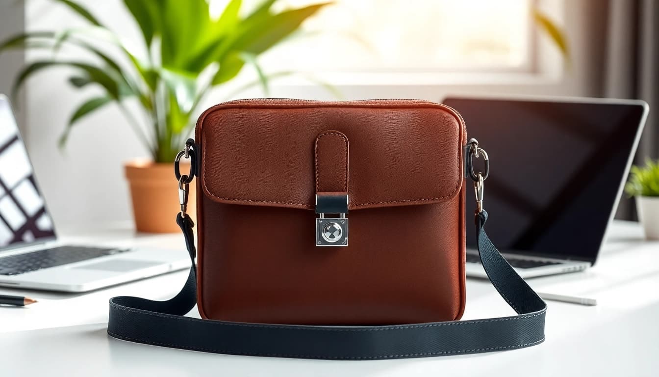 Handy Tasche abschließbar für Smartphones, stilvoll in einem modernen Büro-Setting präsentiert