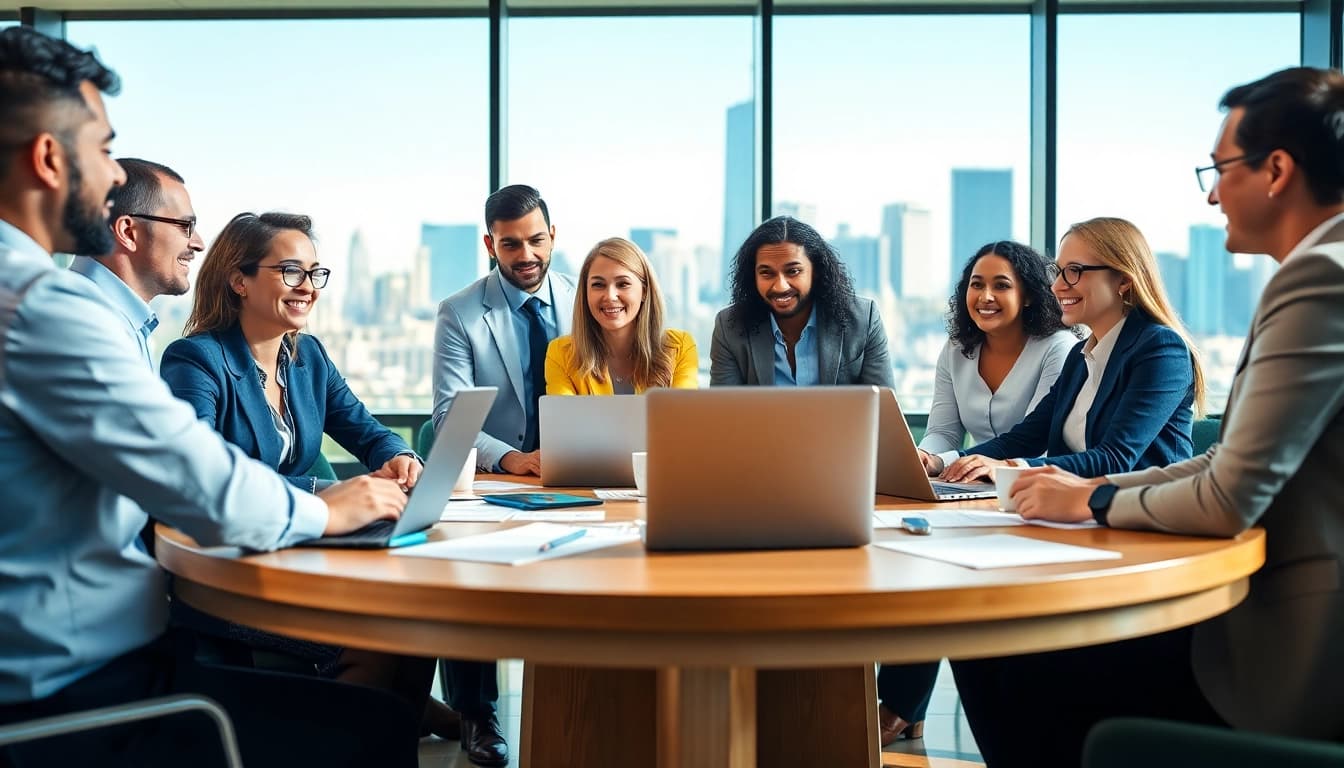 Team of Quickplus Business Consultants working collaboratively in a vibrant office environment.