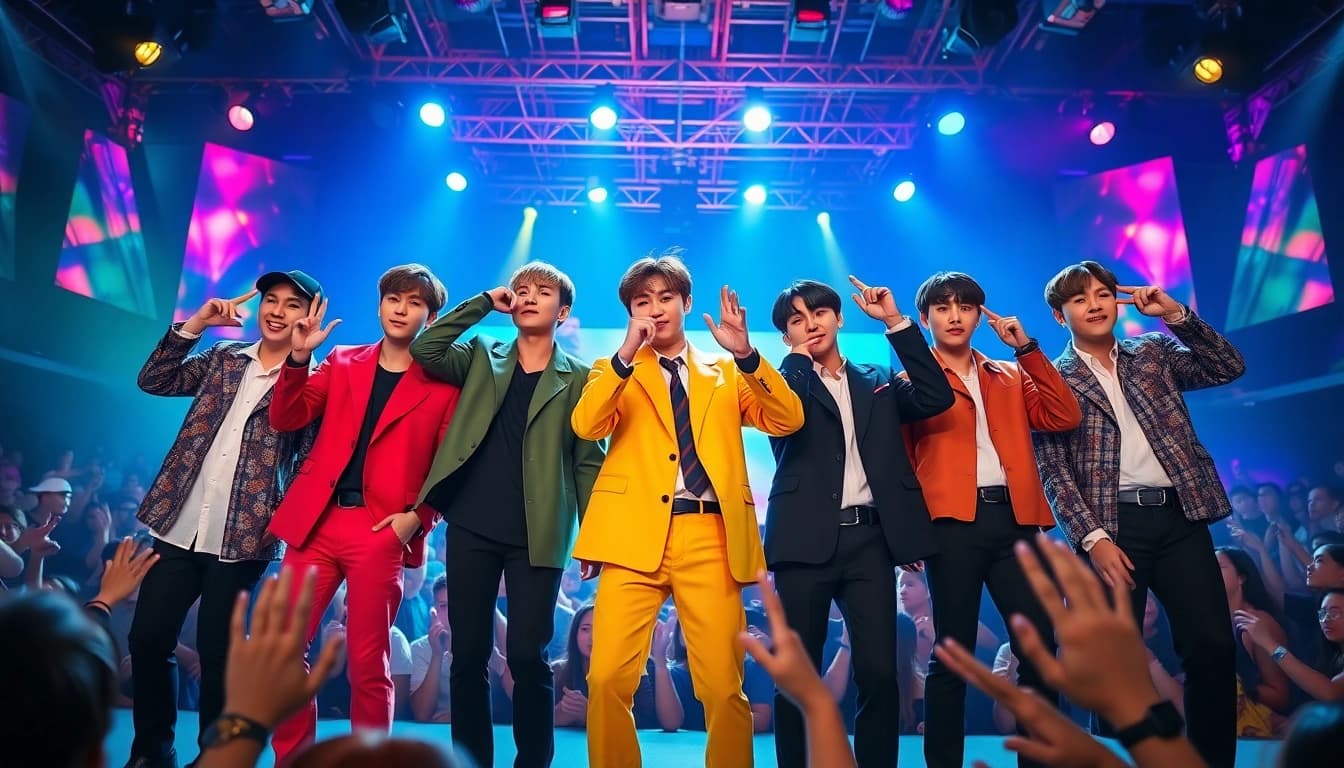 BTS members performing energetically on stage with vibrant concert lights.