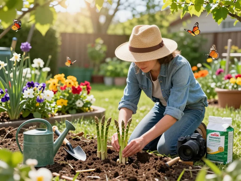 Gardener planting groene asperges planten in a vibrant spring garden filled with colorful flowers, showcasing the joy of home gardening.