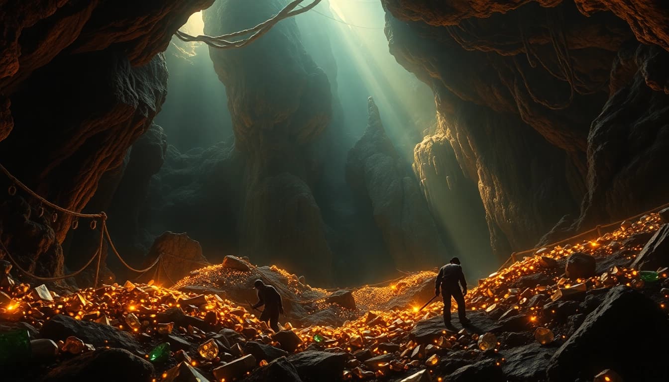 Experience the treasure-filled King Solomon's Mine in a captivating underground scene.