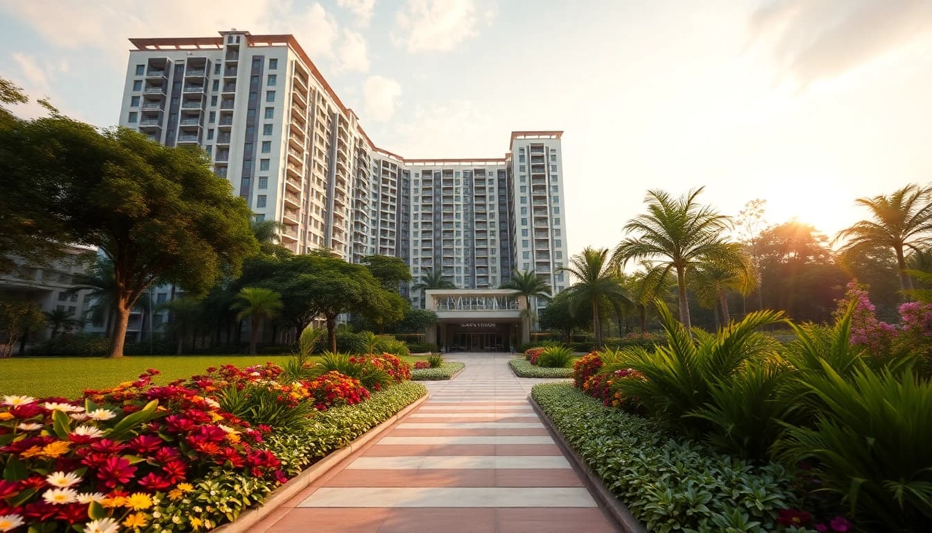 Showcasing a modern Tampines EC amidst lush greenery, highlighting its architectural elegance.