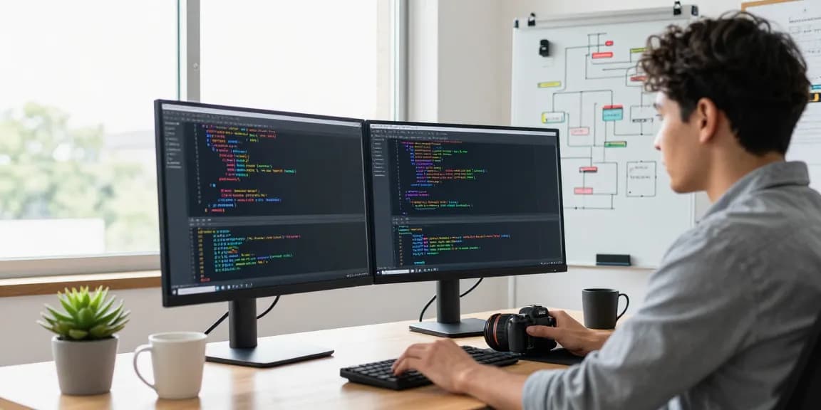 Programmer coding at a dual-monitor setup in a modern workspace, relevant to scenadomen.pl.