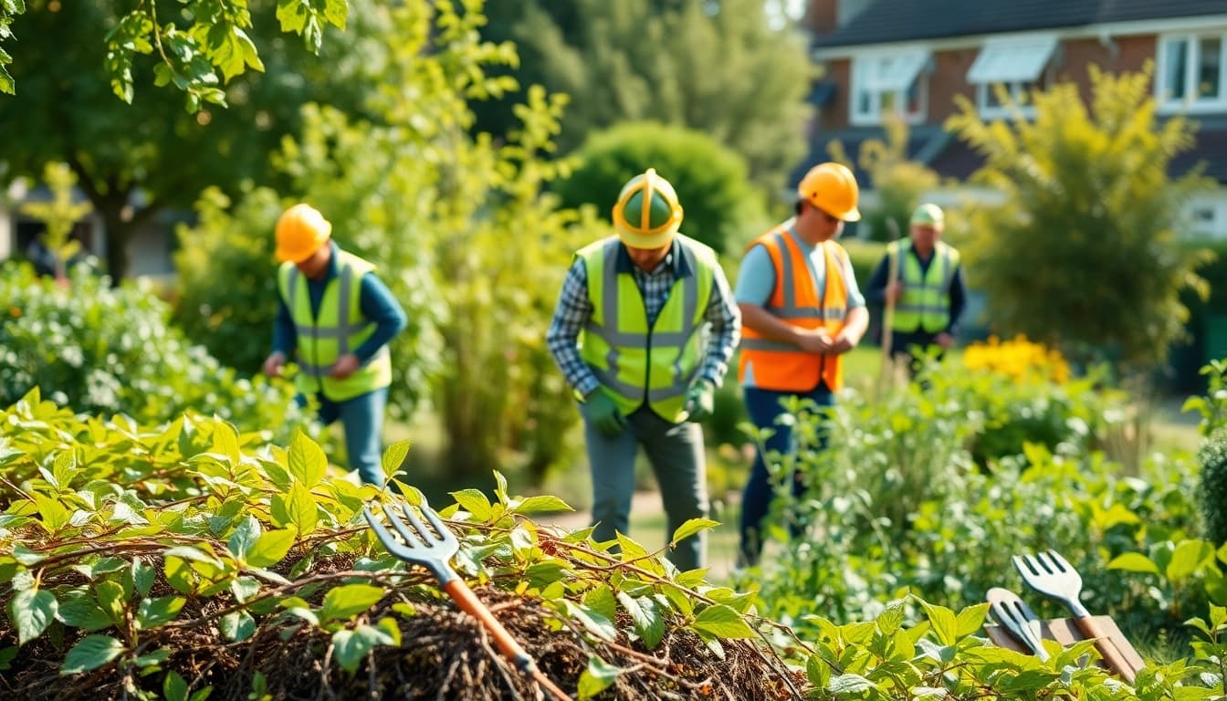Focused team working on Japanese Knotweed Removal in a vibrant suburban garden.