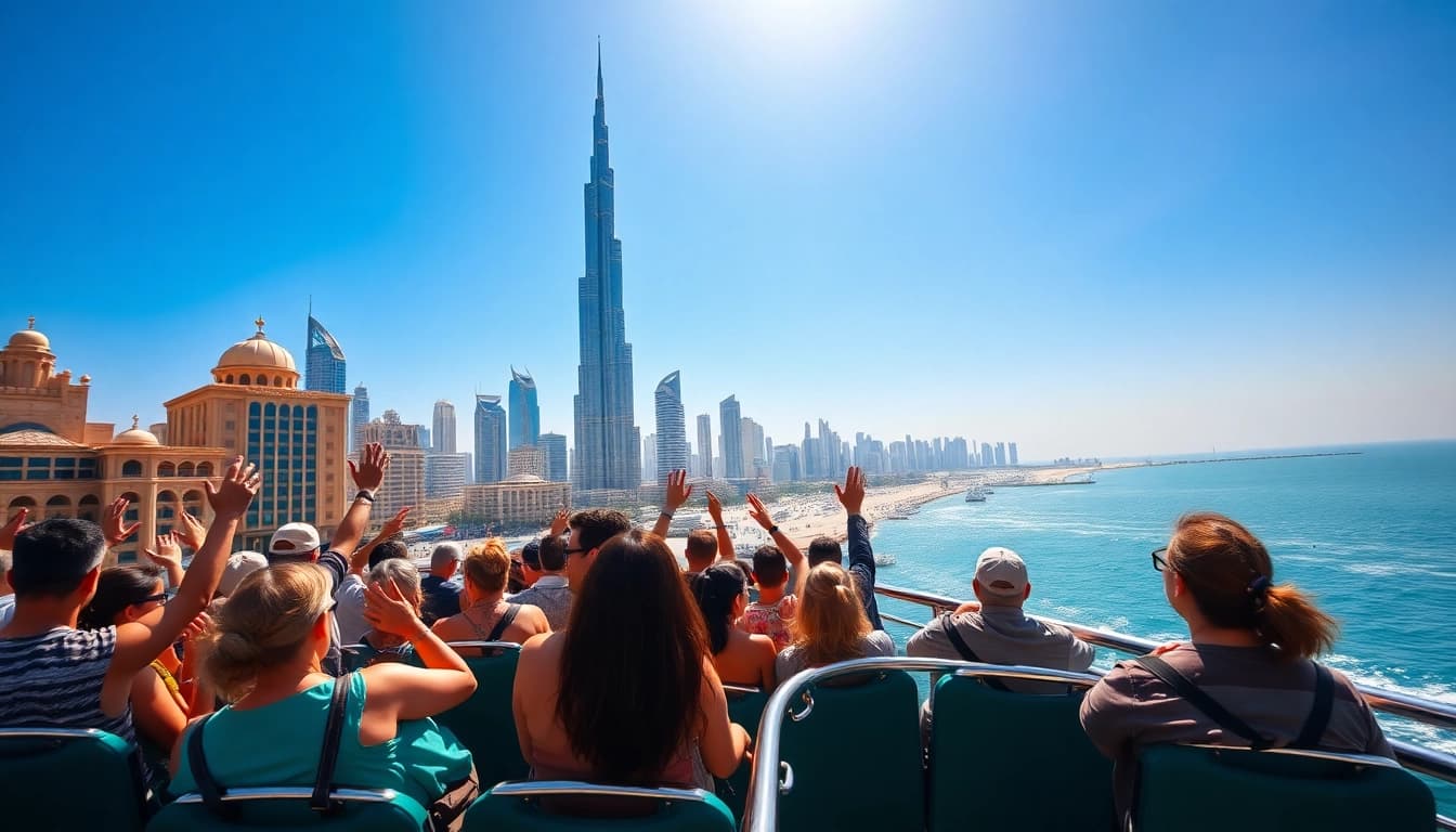 Experience the best Dubai city tour with lively scenes of tourists in front of the skyline.