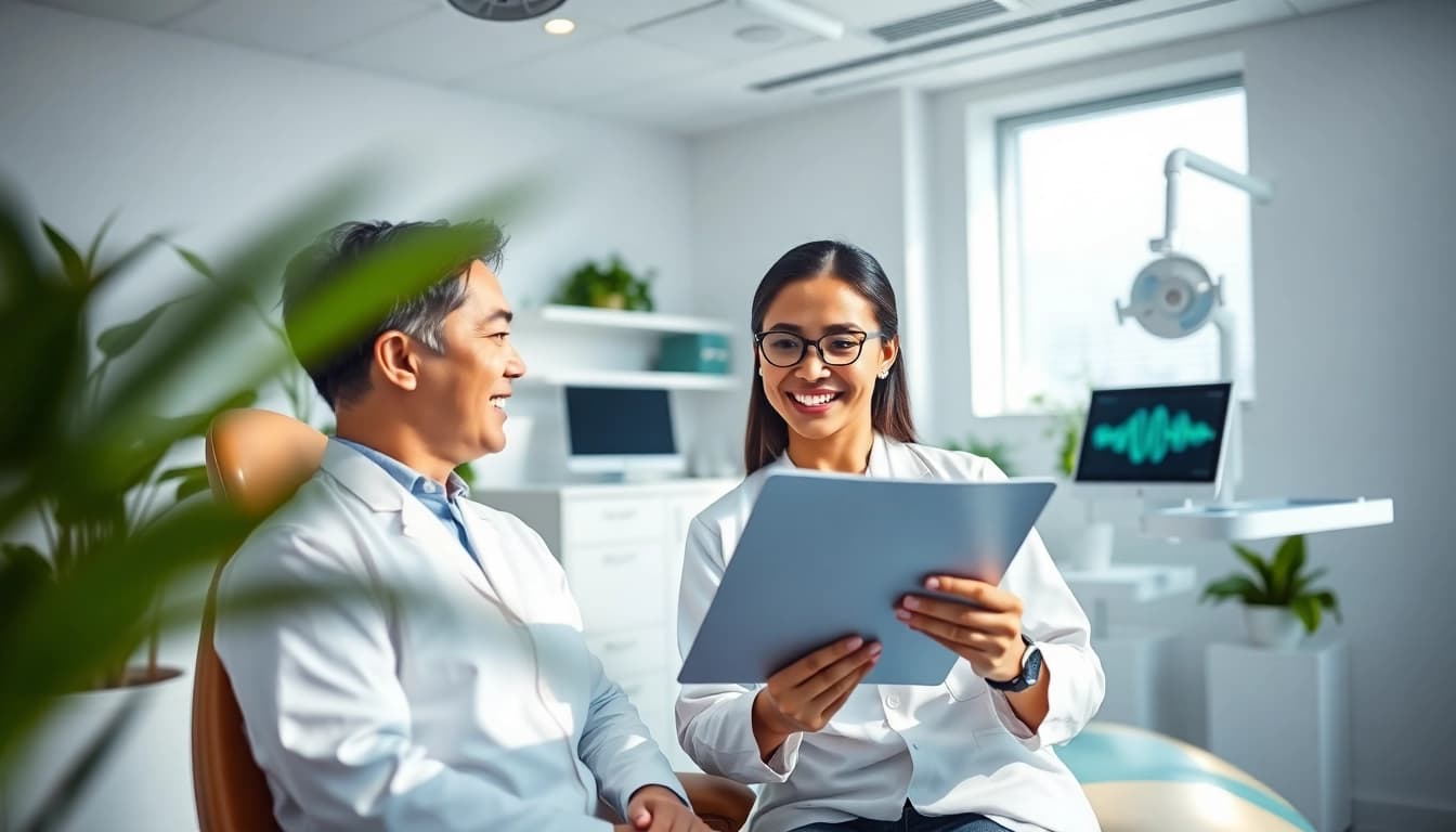 Invisalign Malaysia consultation in a modern dental clinic with a friendly dentist and patient.