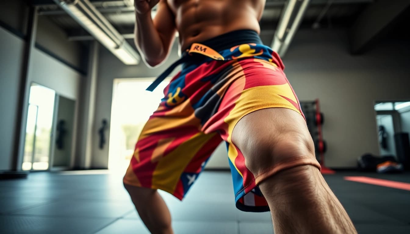 Martial artist demonstrating techniques in striking BJJ Shorts showcasing style and energy.