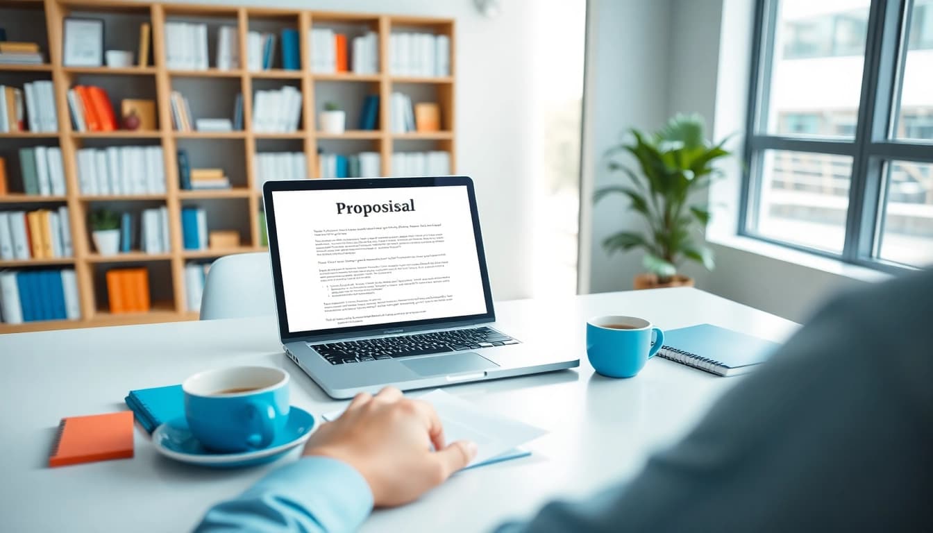 Craft a Customized Proposal Writing in a vibrant business desk setting with a laptop and stationery.