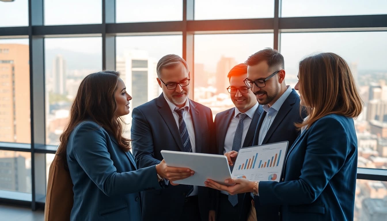 Business growth insights through professionals collaborating in a modern office.