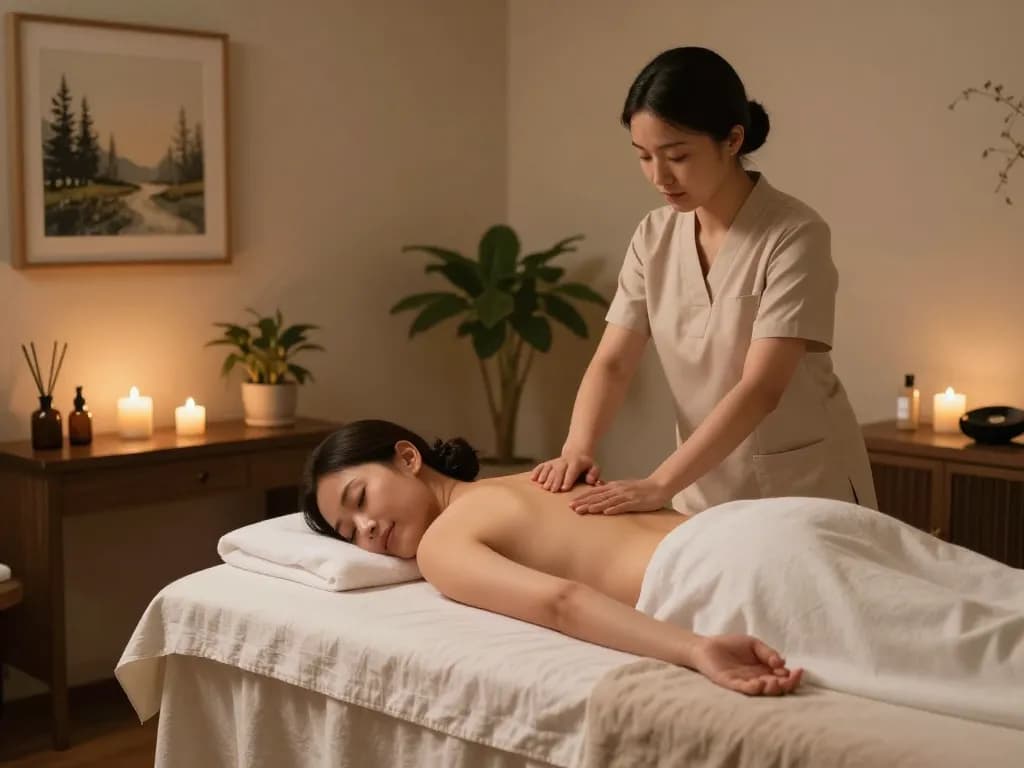 삼산동마사지 session in a serene spa with calming ambiance and skilled therapist.