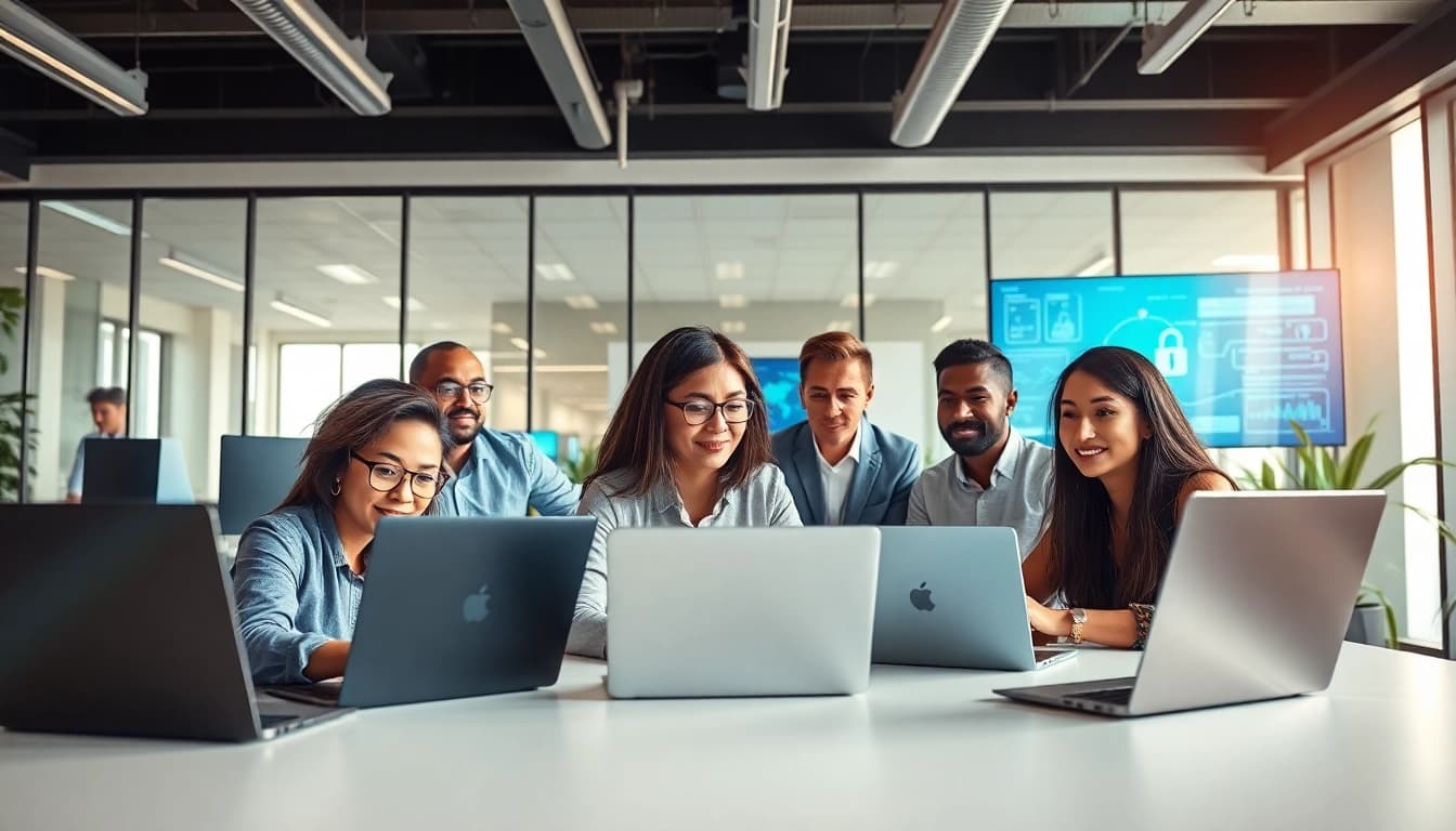 HERO Managed Services Tampa team collaborating in a cybersecurity-focused modern office.
