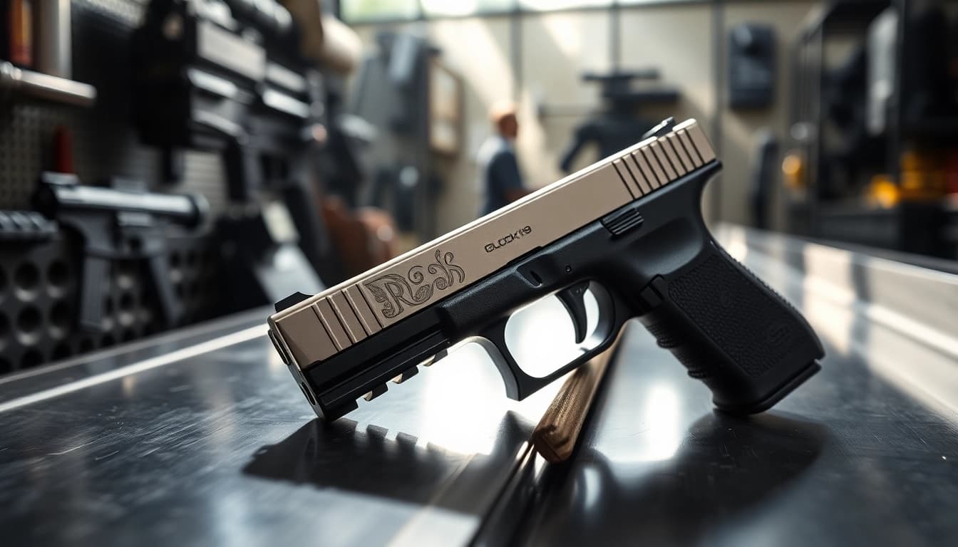 Buy Glock 19 slide displayed prominently showing its sleek design and polished finish.
